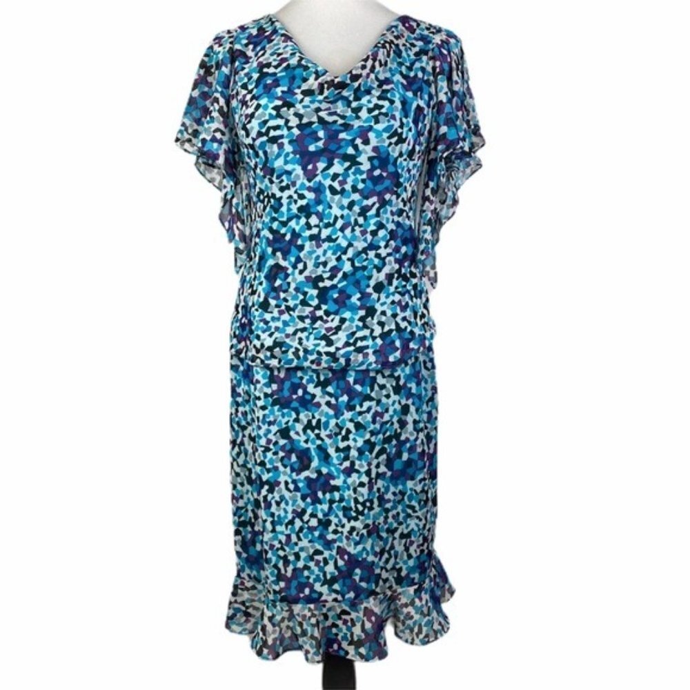 Julian Taylor Ruffled Cowl Neck Flare Skirt Set‎ Women's 6 Blue Purple